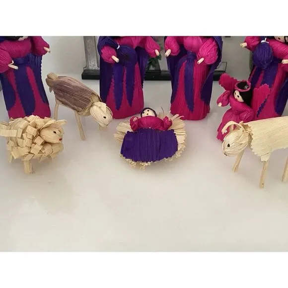 10 Piece Handmade Vtg Christmas Nativity Set Corn Husk 5" Dolls Roatan Honduras - Picture 16 of 16